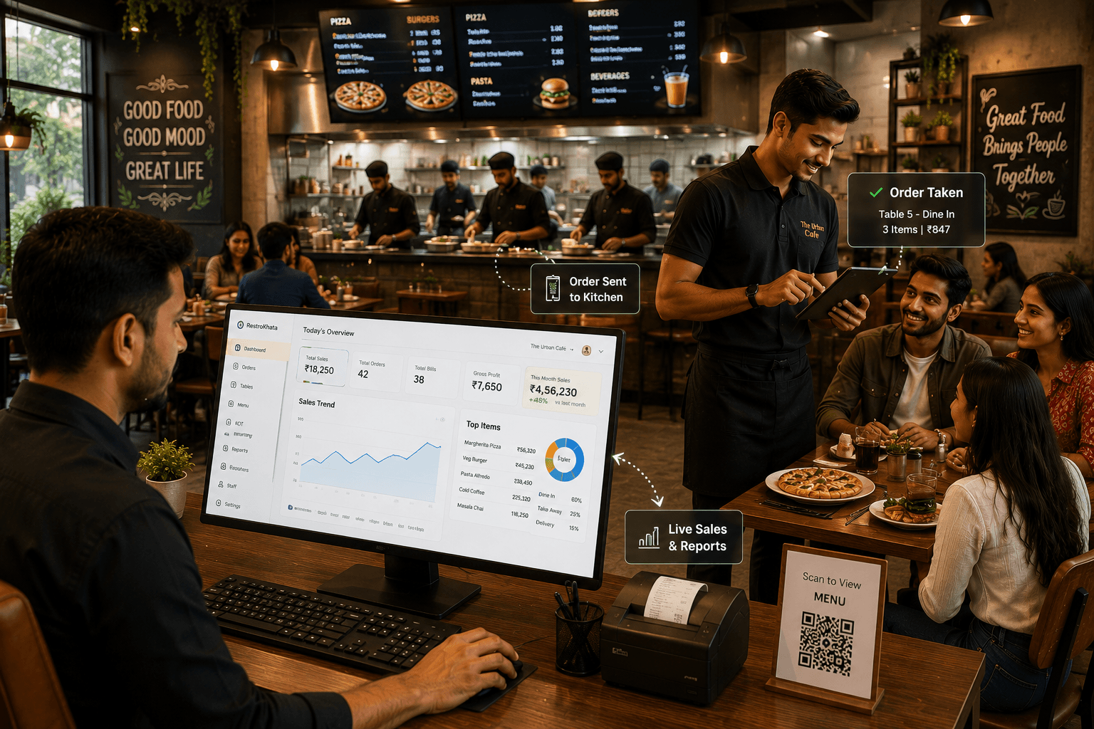 RestroKhata minimalist POS layout displaying fast billing and digital KOT interfaces