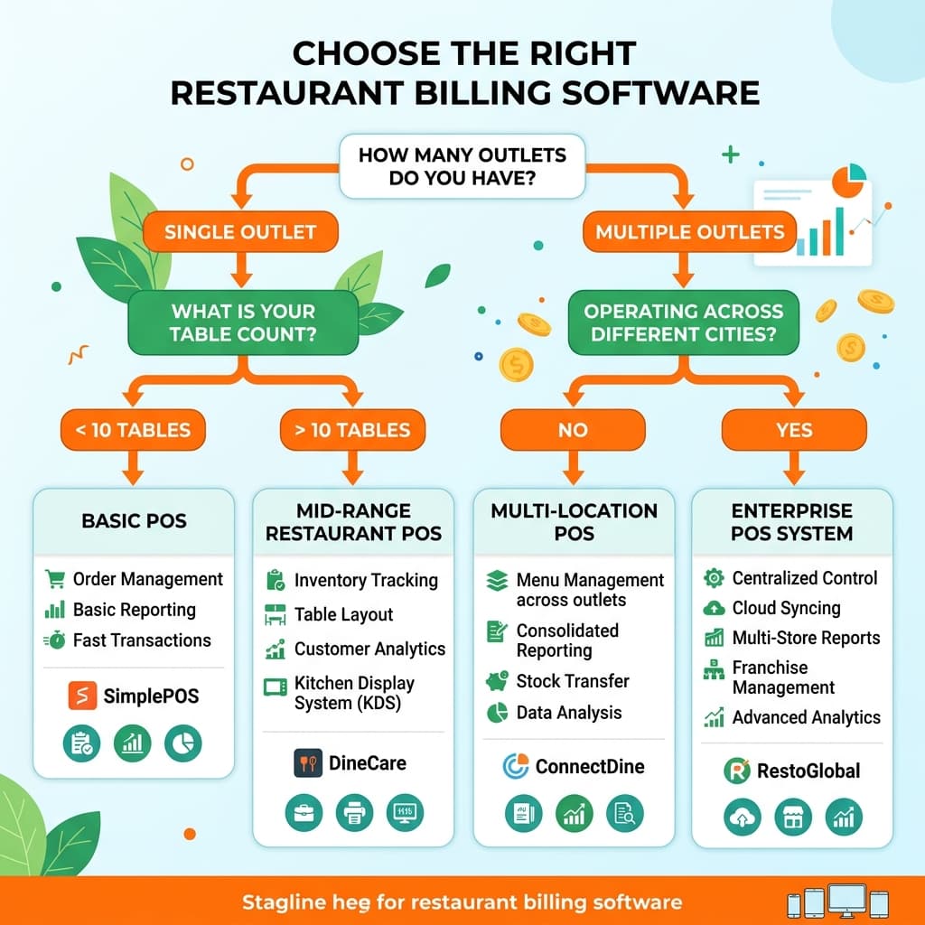 Decision flowchart to choose the right restaurant billing software in Chhattisgarh based on restaurant size and features needed