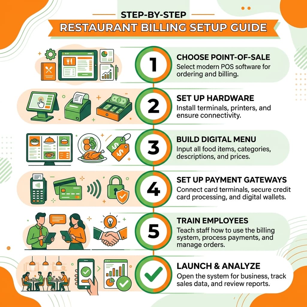 6 step onboarding guide to set up RestroKhata restaurant billing software - sign up menu setup printer connect and go live