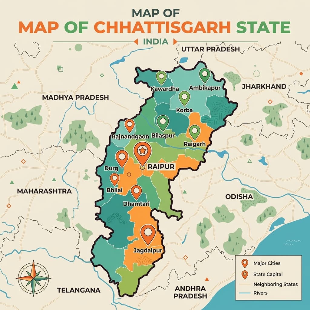 Map of Chhattisgarh showing cities using RestroKhata restaurant billing software - Raipur Bhilai Durg Rajnandgaon Korba Bilaspur Jagdalpur