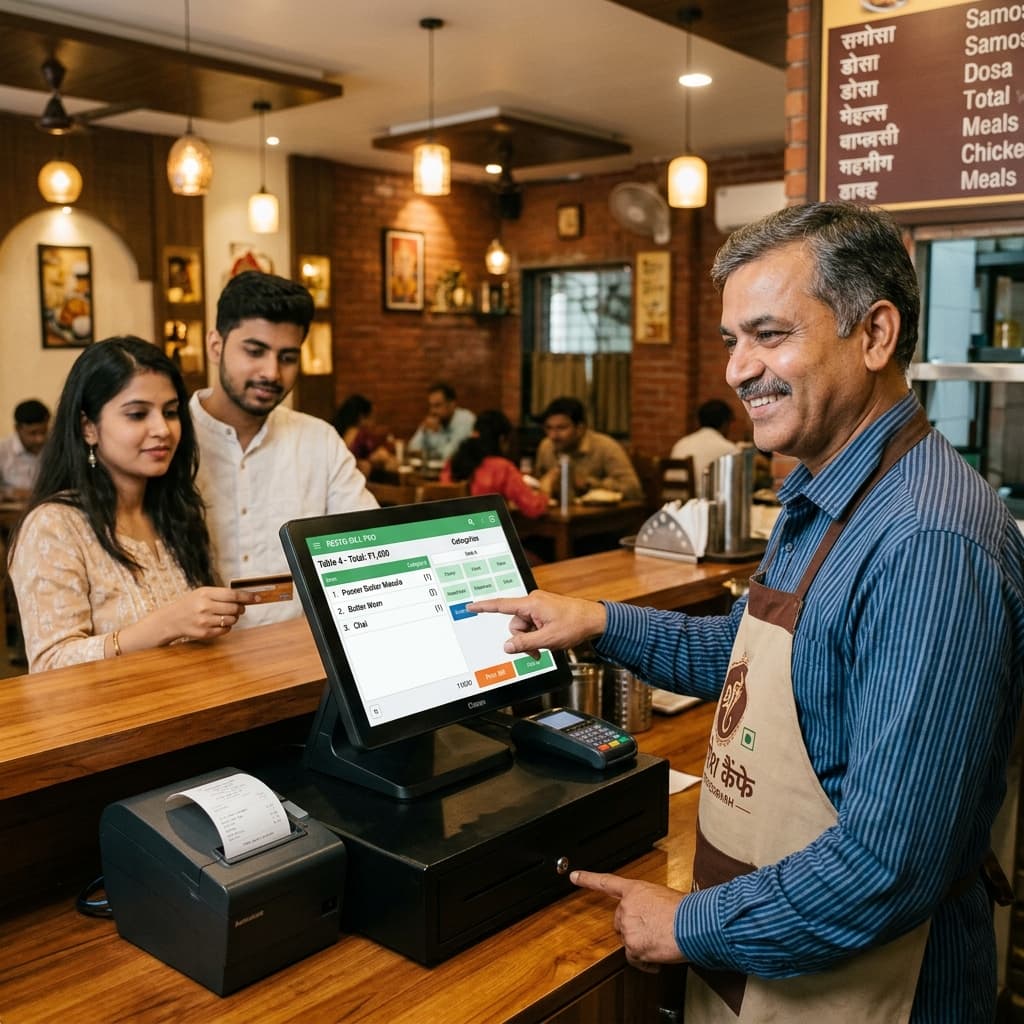 Cafe owner in Bilaspur using restaurant billing software