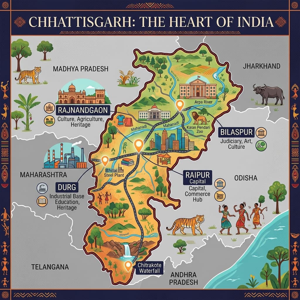 Map of Chhattisgarh highlighting Raipur, Bilaspur, Durg and Rajnandgaon
