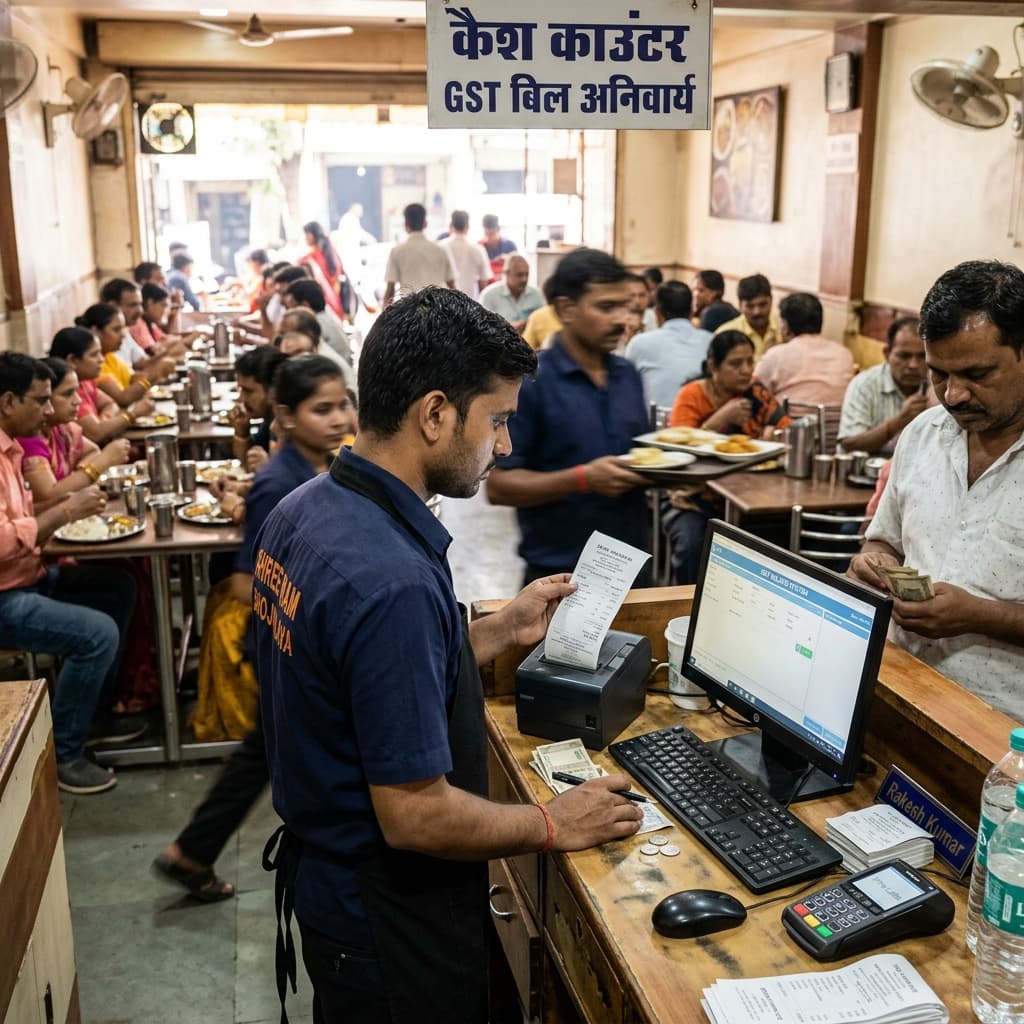 Restaurant staff in Durg processing GST bill during lunch rush