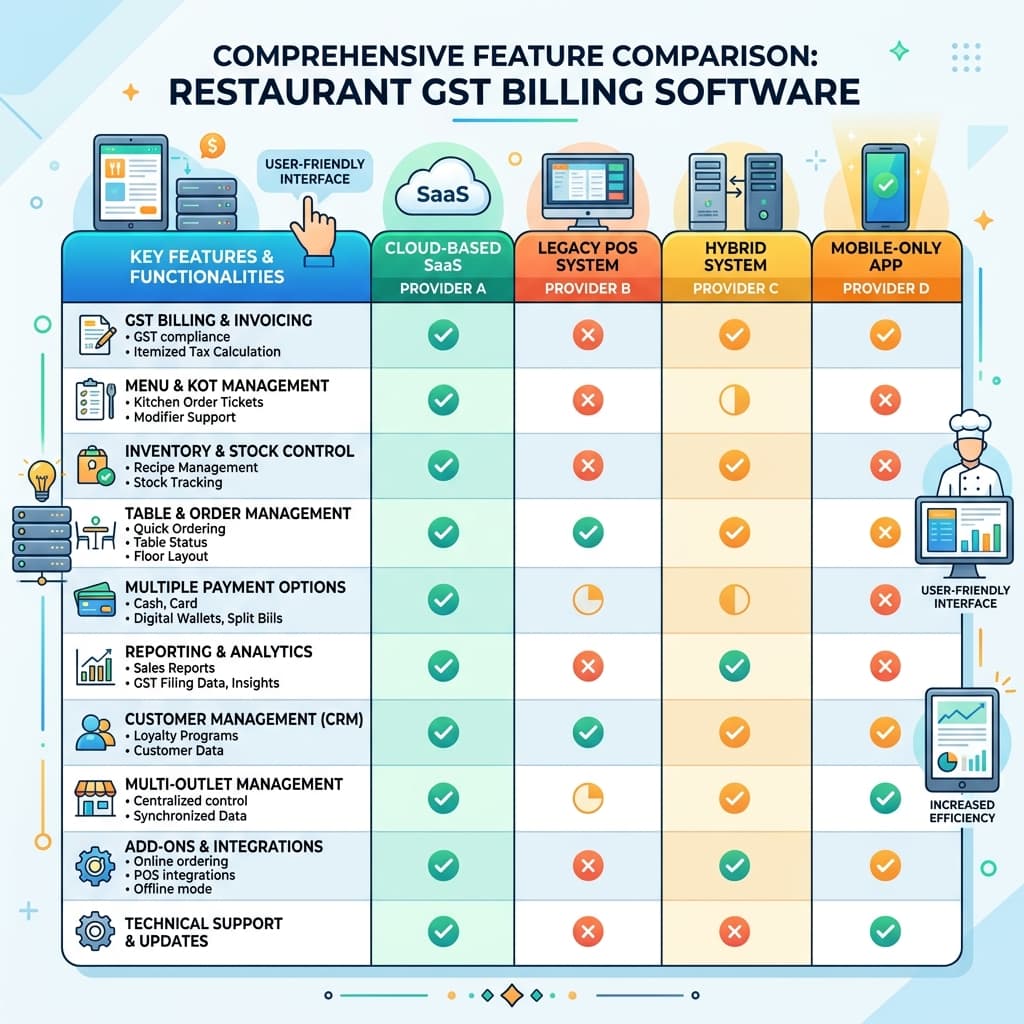 Feature comparison chart for restaurant GST billing software