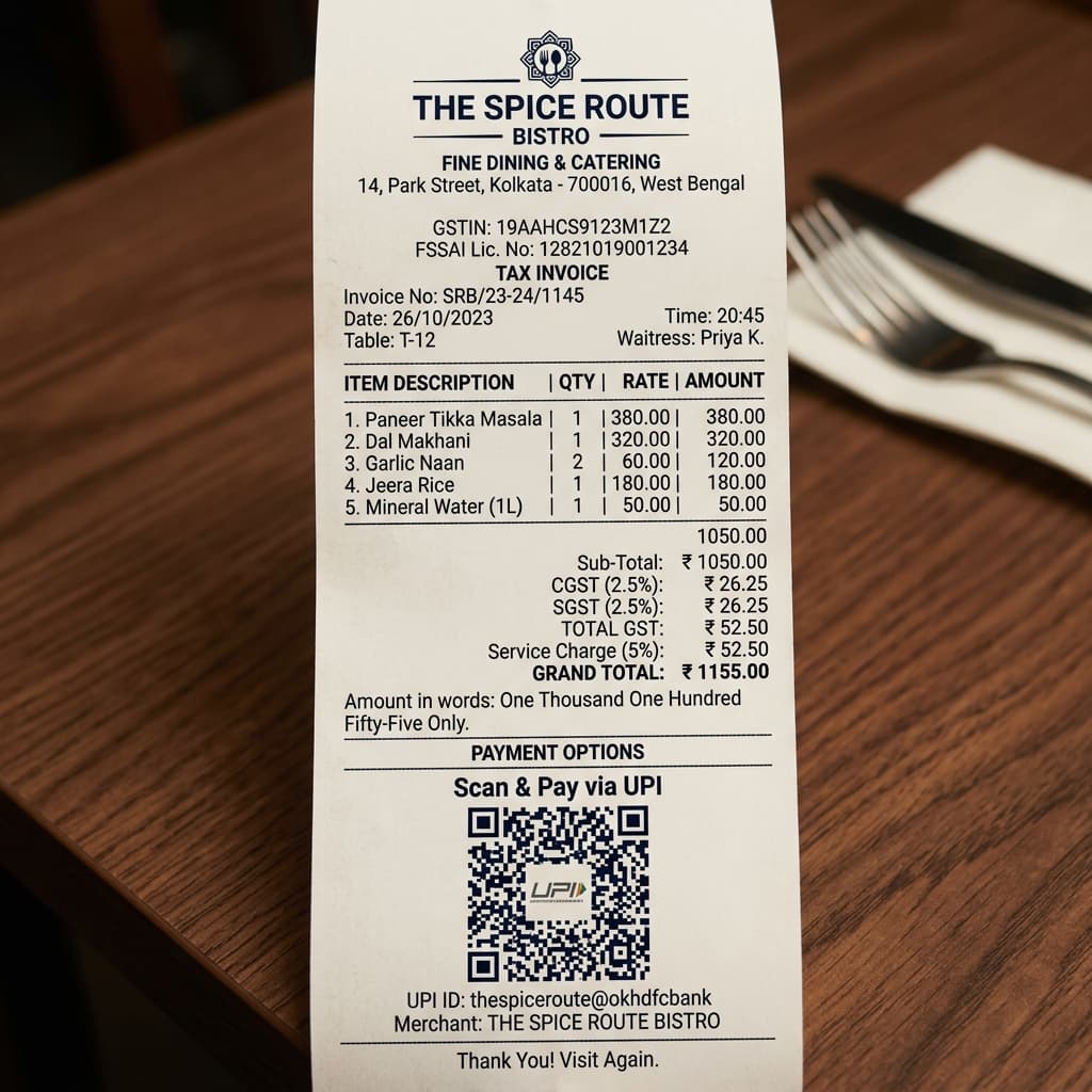 Sample restaurant GST invoice with UPI QR code for payment