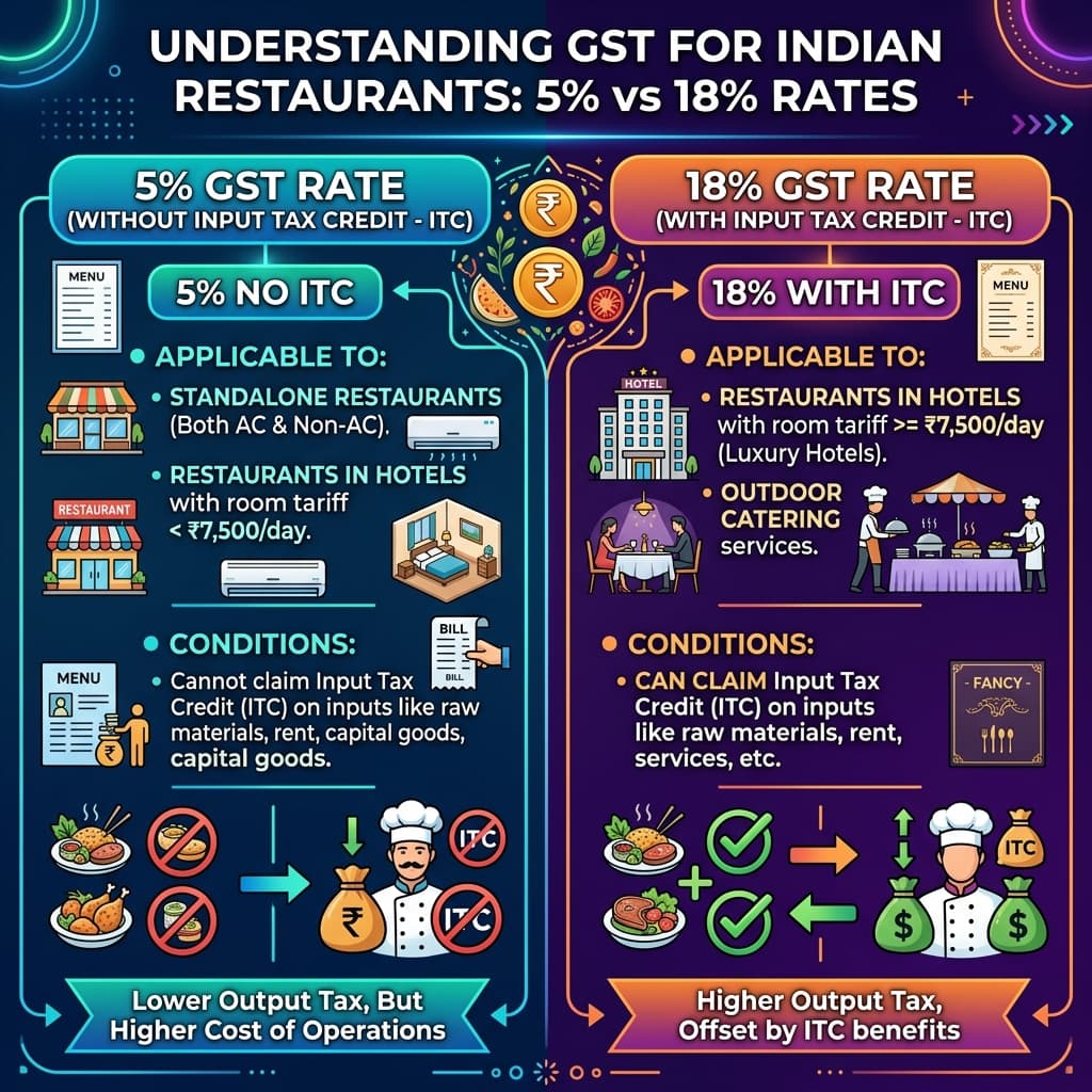 Infographic explaining 5% vs 18% GST rate for restaurants