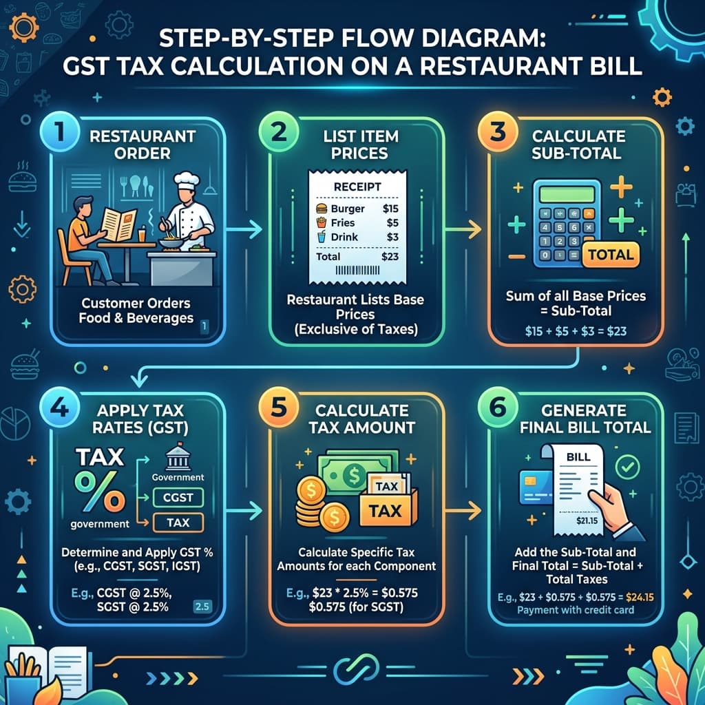 Step by step flow diagram of GST tax calculation on restaurant bill