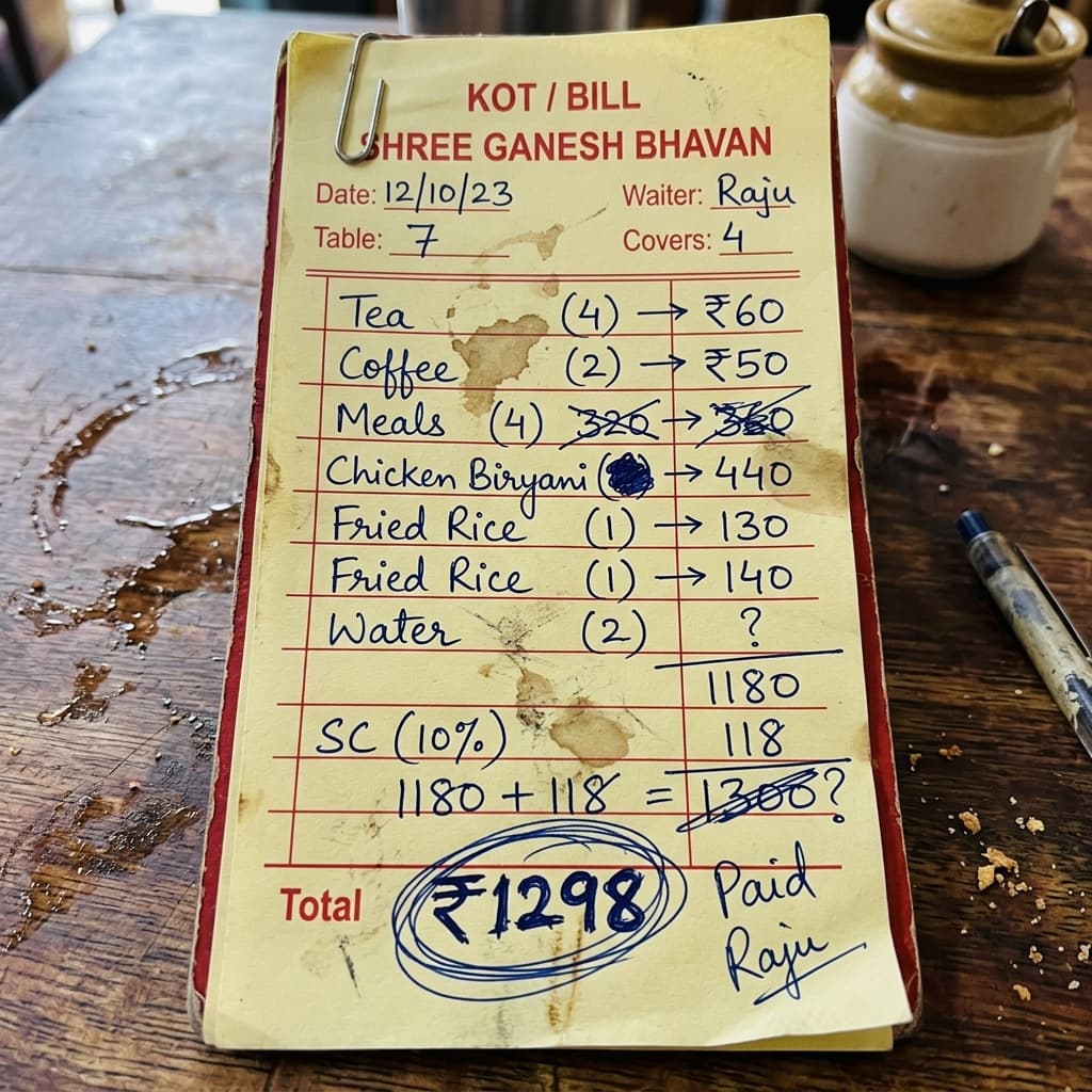 Handwritten KOT slip showing manual restaurant billing errors