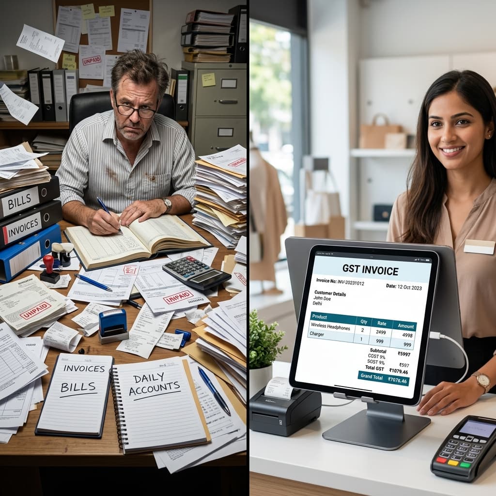 Split image comparing manual billing and digital GST billing screen