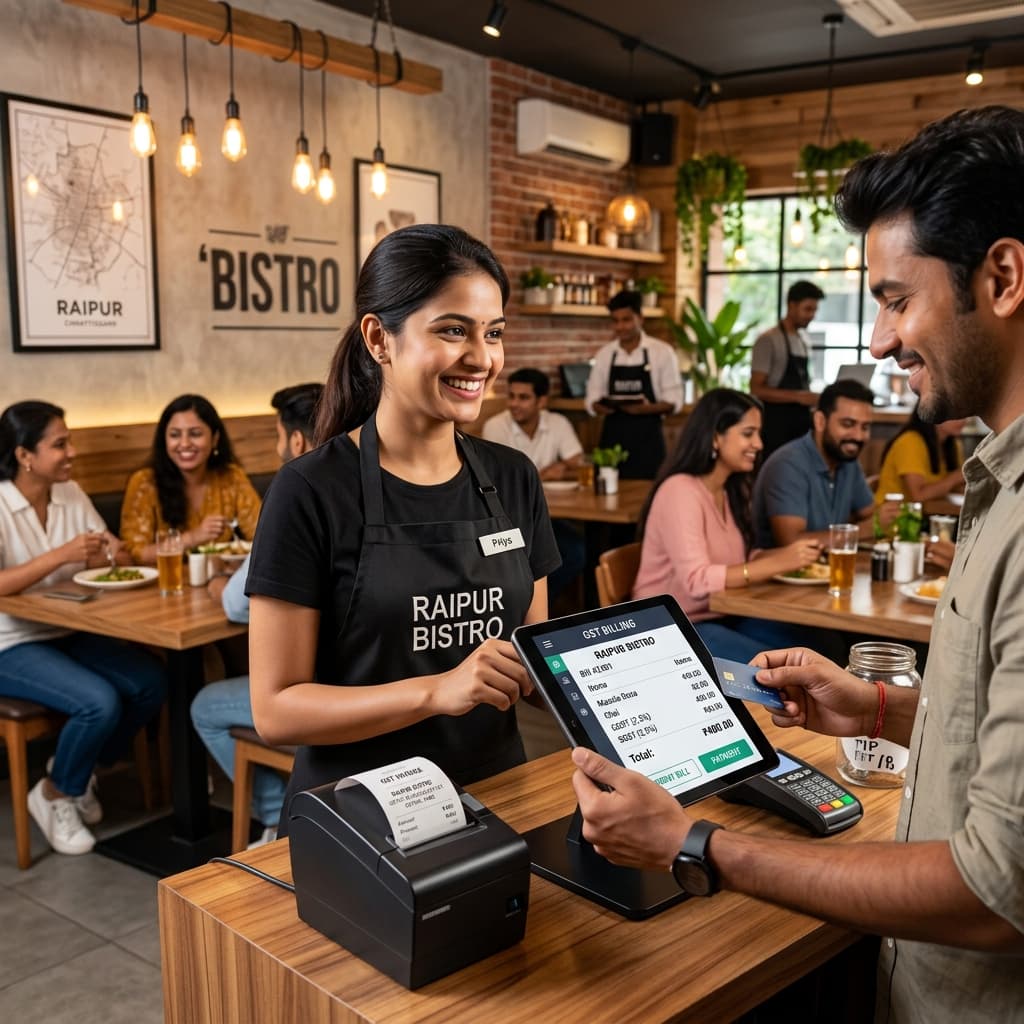 Restaurant in Raipur using GST billing software on tablet