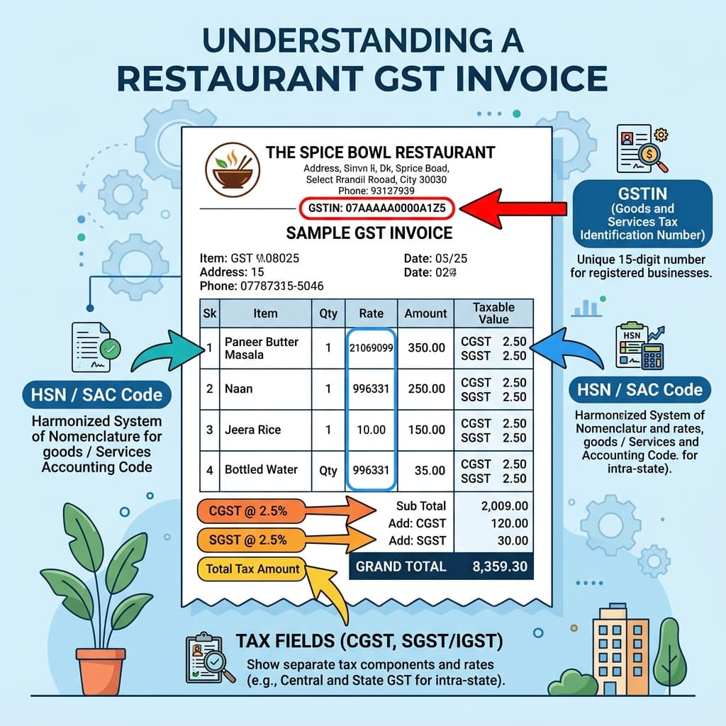 Annotated restaurant GST invoice showing GSTIN, HSN code and tax fields