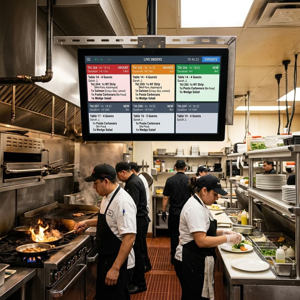 Kitchen display screen showing live restaurant orders
