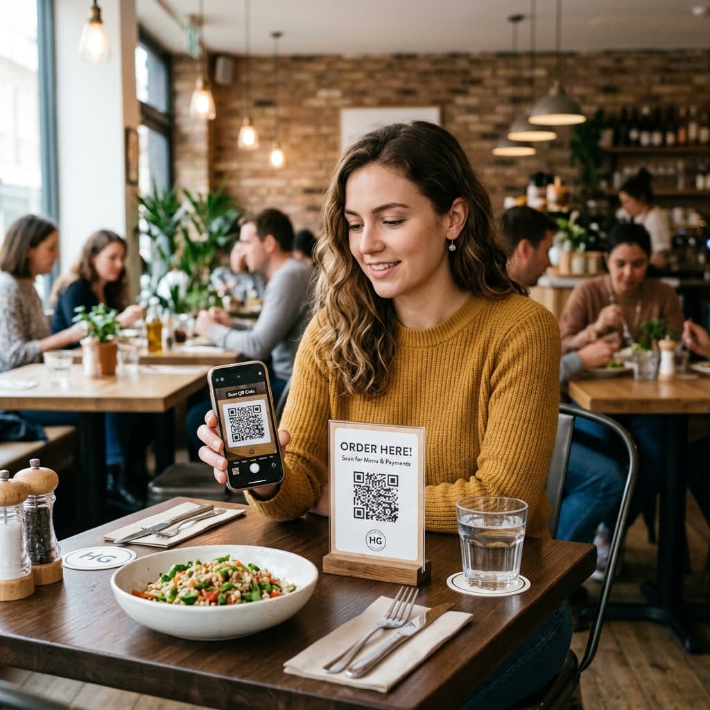Customer scanning QR code to self-order at restaurant table