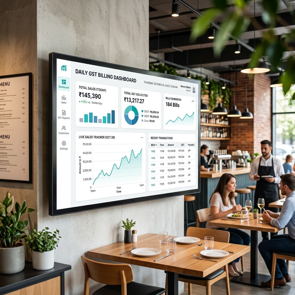 RestroKhata GST billing dashboard showing daily sales and tax collected