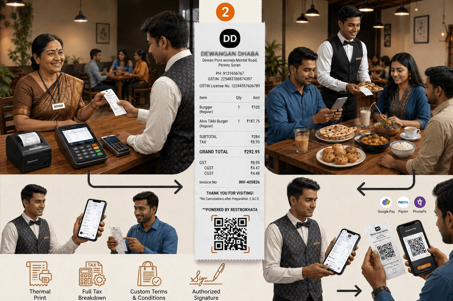 GST invoicing and UPI billing system for restaurants with QR code payments and digital invoices
