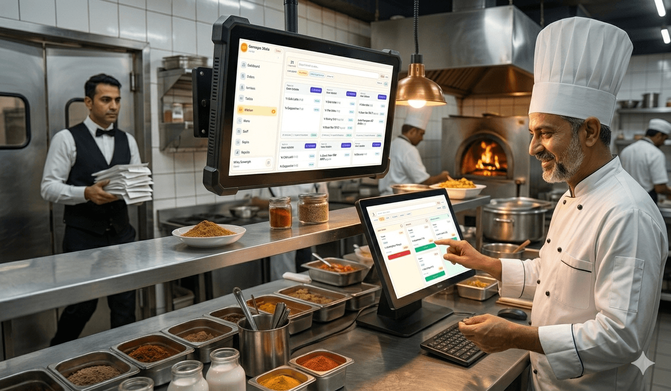 Restaurant kitchen display system displaying live orders with KOT management, chef workflow tracking and real-time order synchronization.