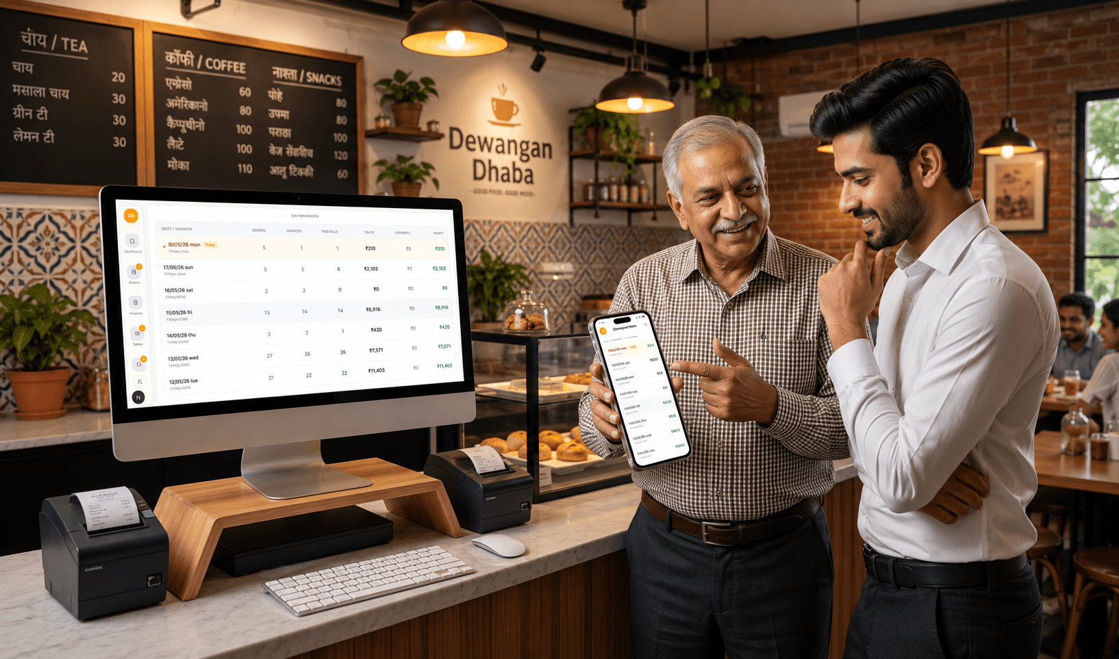 Restaurant owner and manager using restaurant POS software dashboard for billing, order management, sales reports and QR menu ordering.