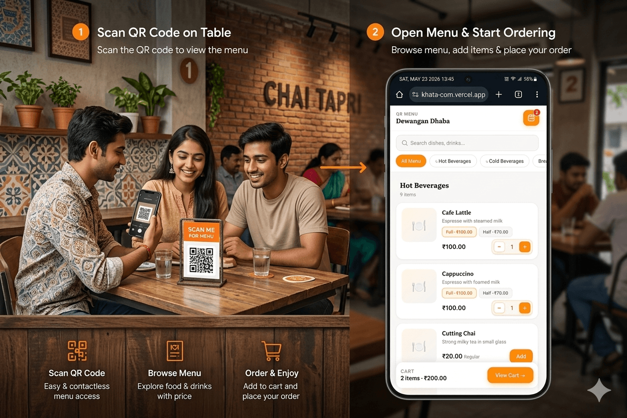 Customers ordering food themselves using QR menu system in a restaurant