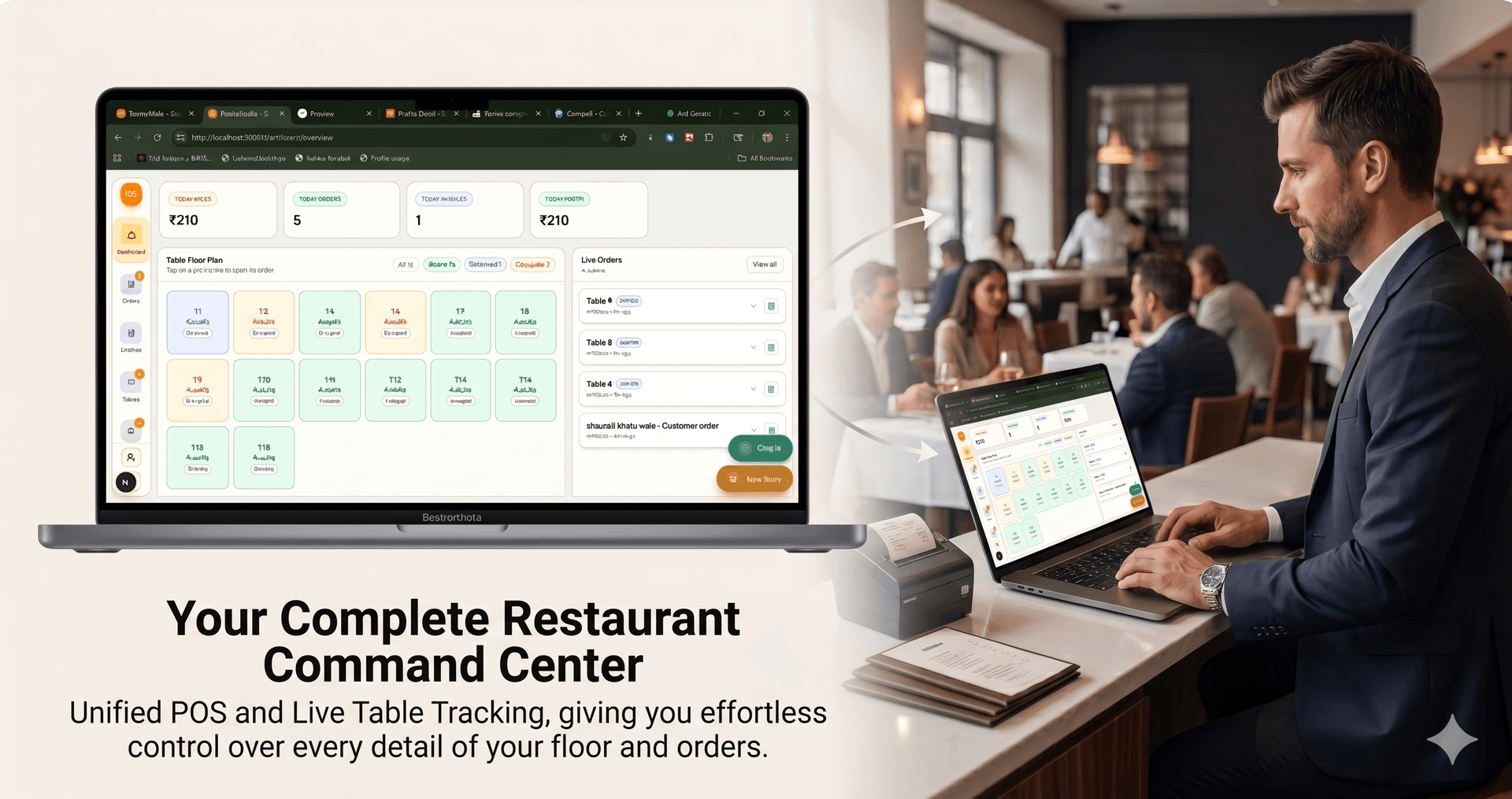 Restaurant table management and reservation system showing occupied and available tables