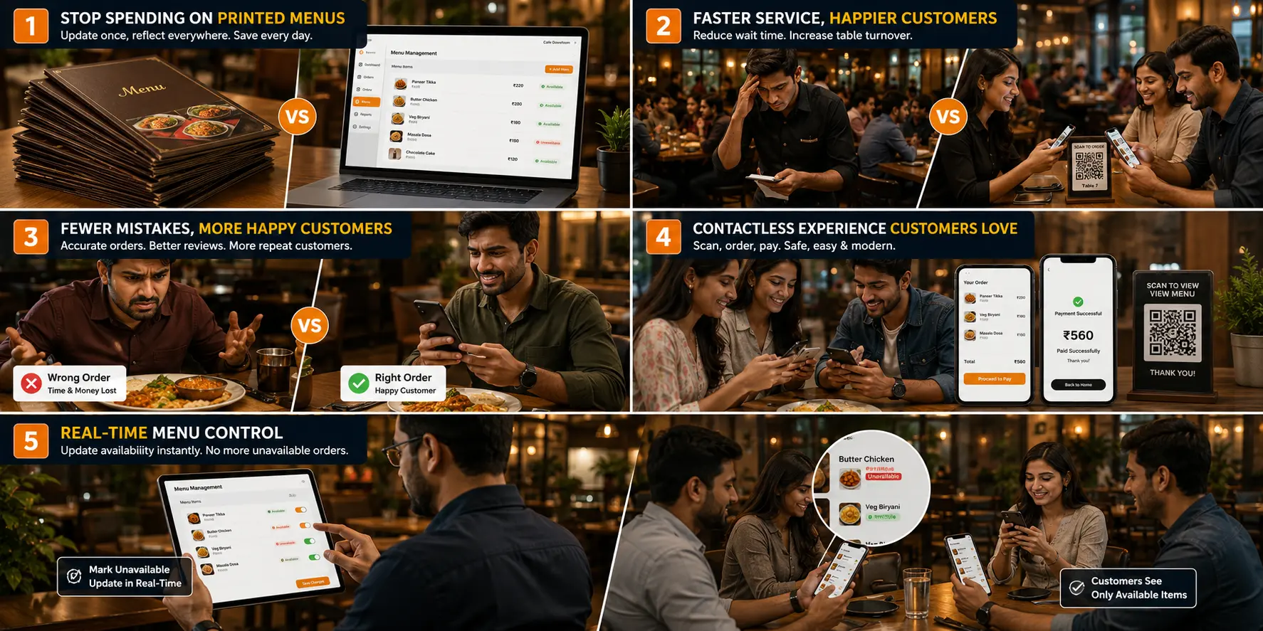 Comparison of printed restaurant menus, slow and wrong order, contactless dining and real-time menu control