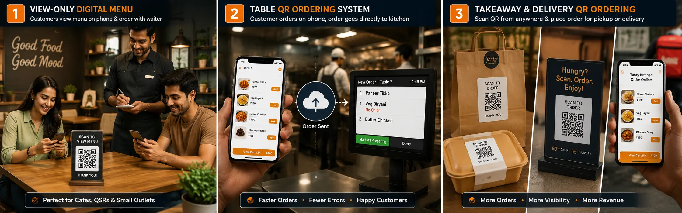 View-only digital menu QR, restaurant table QR ordering and takeaway QR ordering system for restaurants and cloud kitchens in India