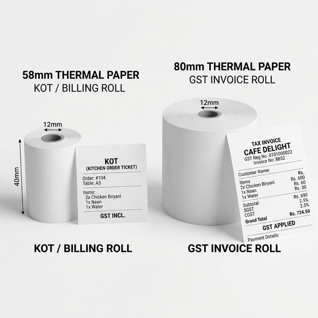58mm vs 80mm thermal paper roll comparison for restaurant GST billing and KOT printing