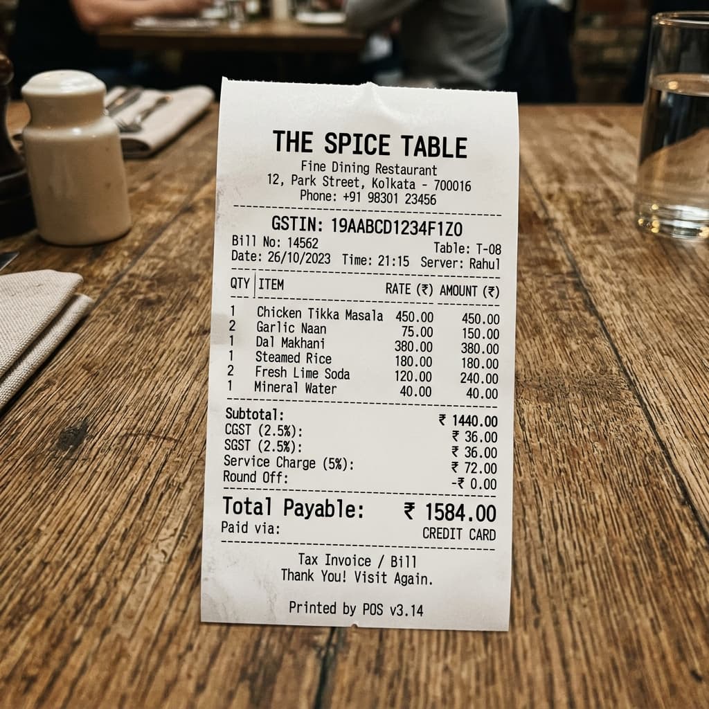 Sample GST bill printed on 80mm thermal printer for restaurant in Chhattisgarh showing CGST SGST and UPI payment