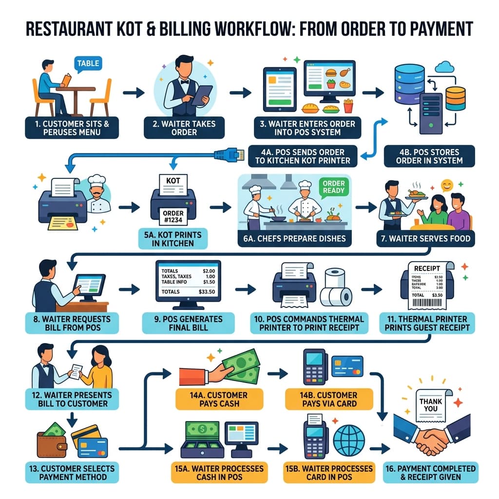 Restaurant KOT and billing workflow diagram showing order to payment flow using RestroKhata POS and thermal printer