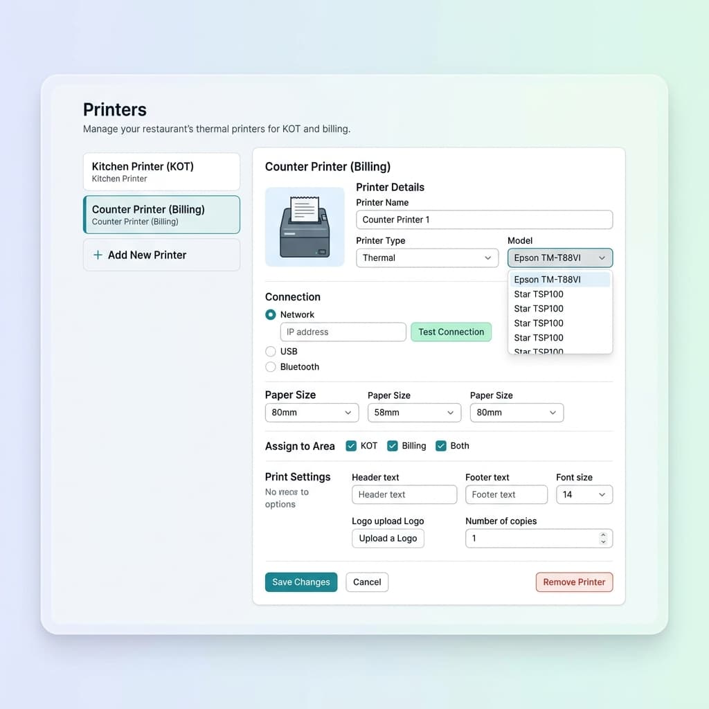 RestroKhata POS printer settings page showing how to add thermal printer for KOT and billing in restaurant