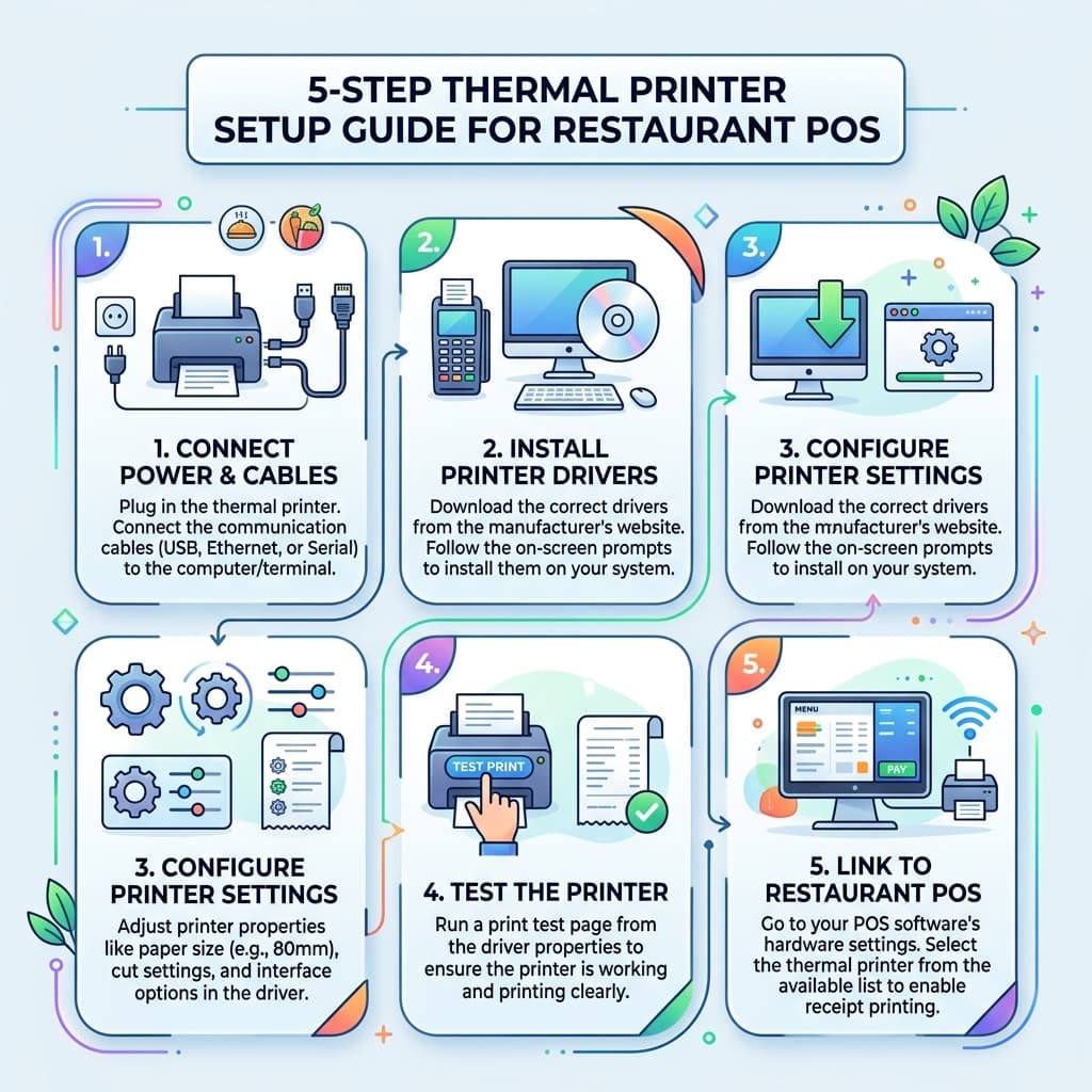 5 step thermal printer setup guide for restaurant POS - connect install configure test and link with billing software