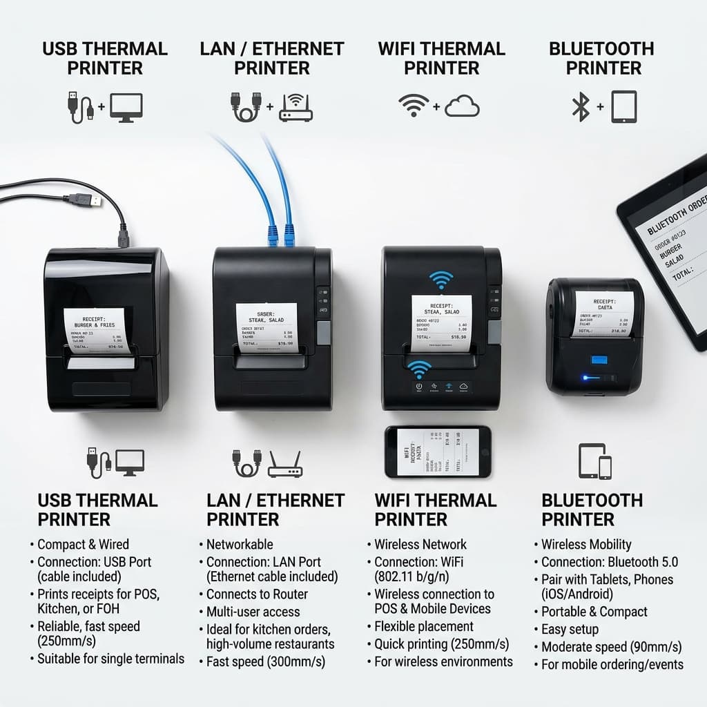Four types of thermal printers for restaurants - USB LAN WiFi and Bluetooth printer comparison for cafe POS setup