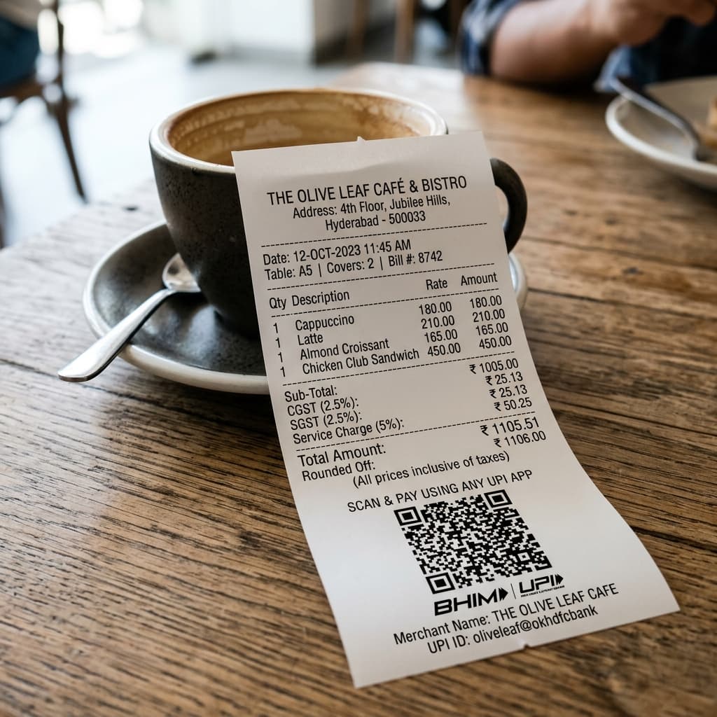 GST Invoicing and UPI Billing Software for Restaurants GST compliant invoice with UPI QR code payment on restaurant bill