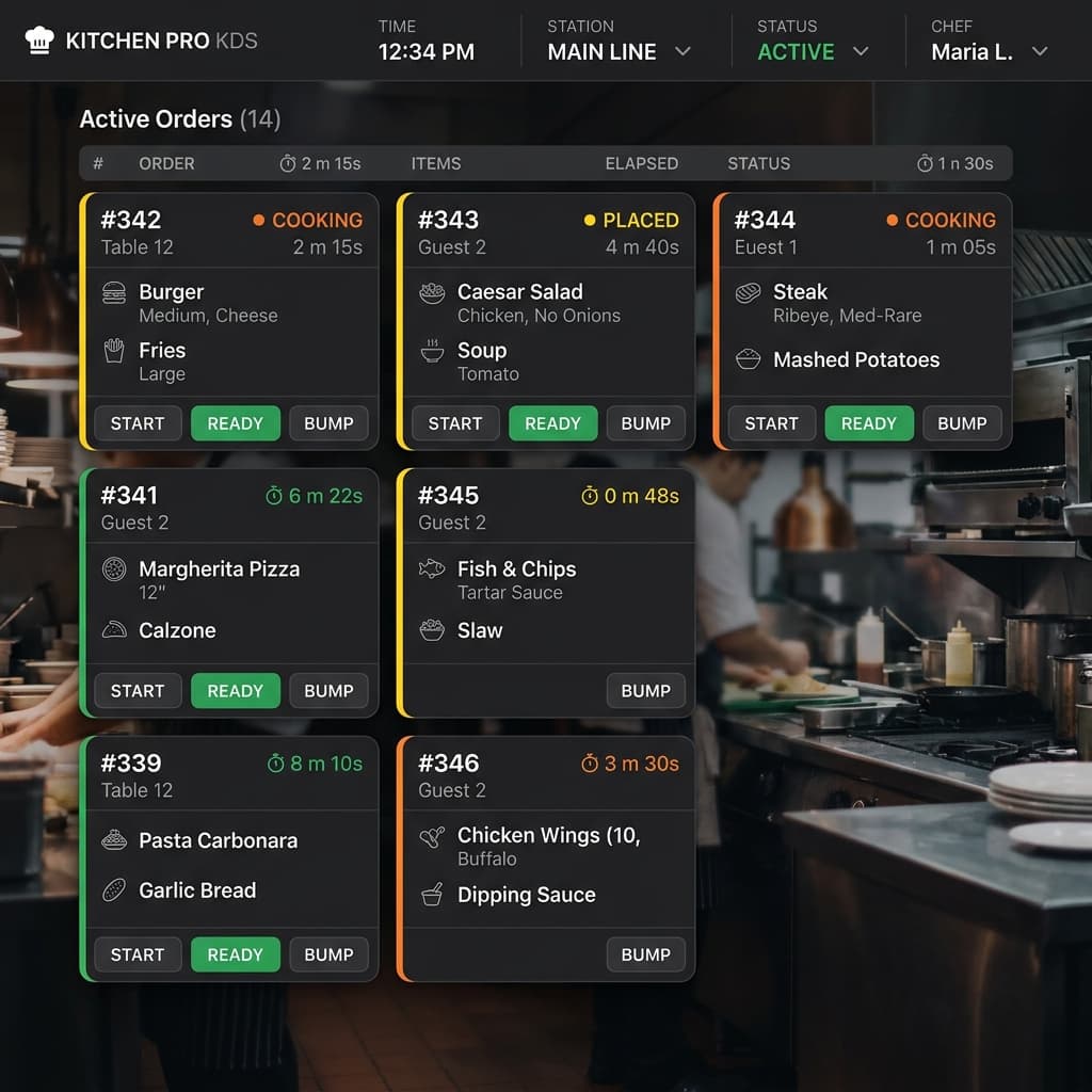 Kitchen Display System (KDS) for Restaurants Kitchen display system showing live orders and KOT status for restaurant staff