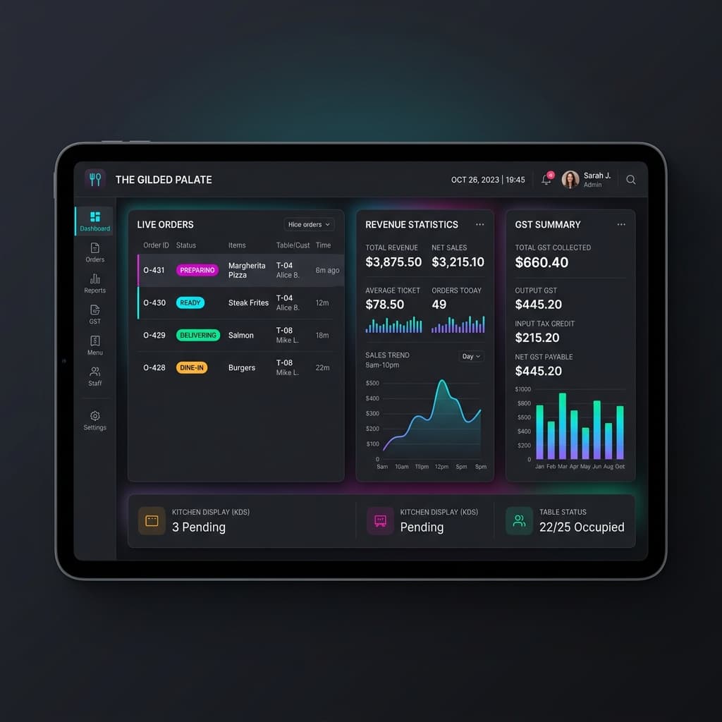 RestroKhata Restaurant POS Dashboard Restaurant POS dashboard showing live orders, revenue and GST collection summary