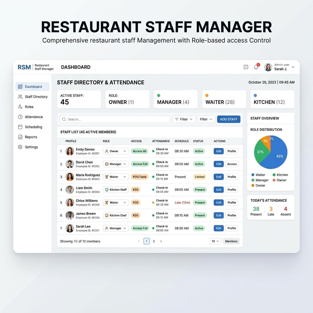 Role-Based Staff Access for Restaurant Management Restaurant staff management dashboard with role-based access for owner, manager, waiter and kitchen