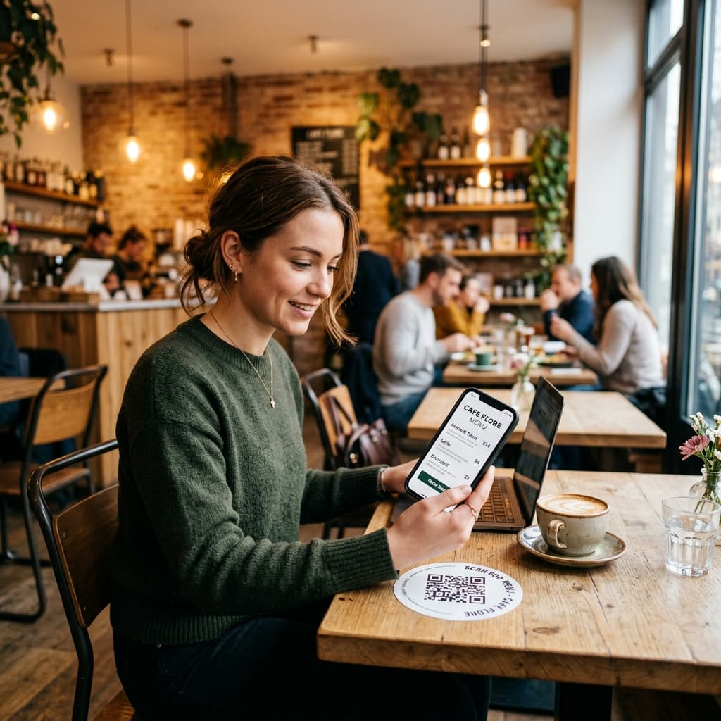 QR Code Self-Ordering System for Restaurants Customer scanning QR code menu at restaurant table for self-ordering